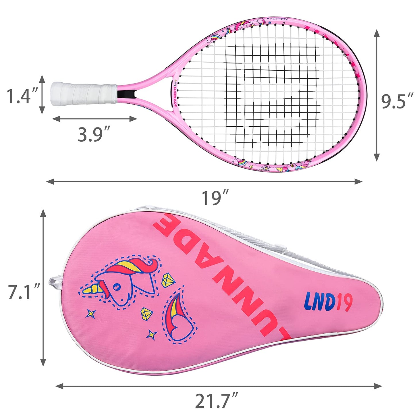 LUNNADE Kids Junior Tennis Racket, 19/21/23/25 inch youth tennis racket with cover, suitable for beginner boys and girls aged 3-12.