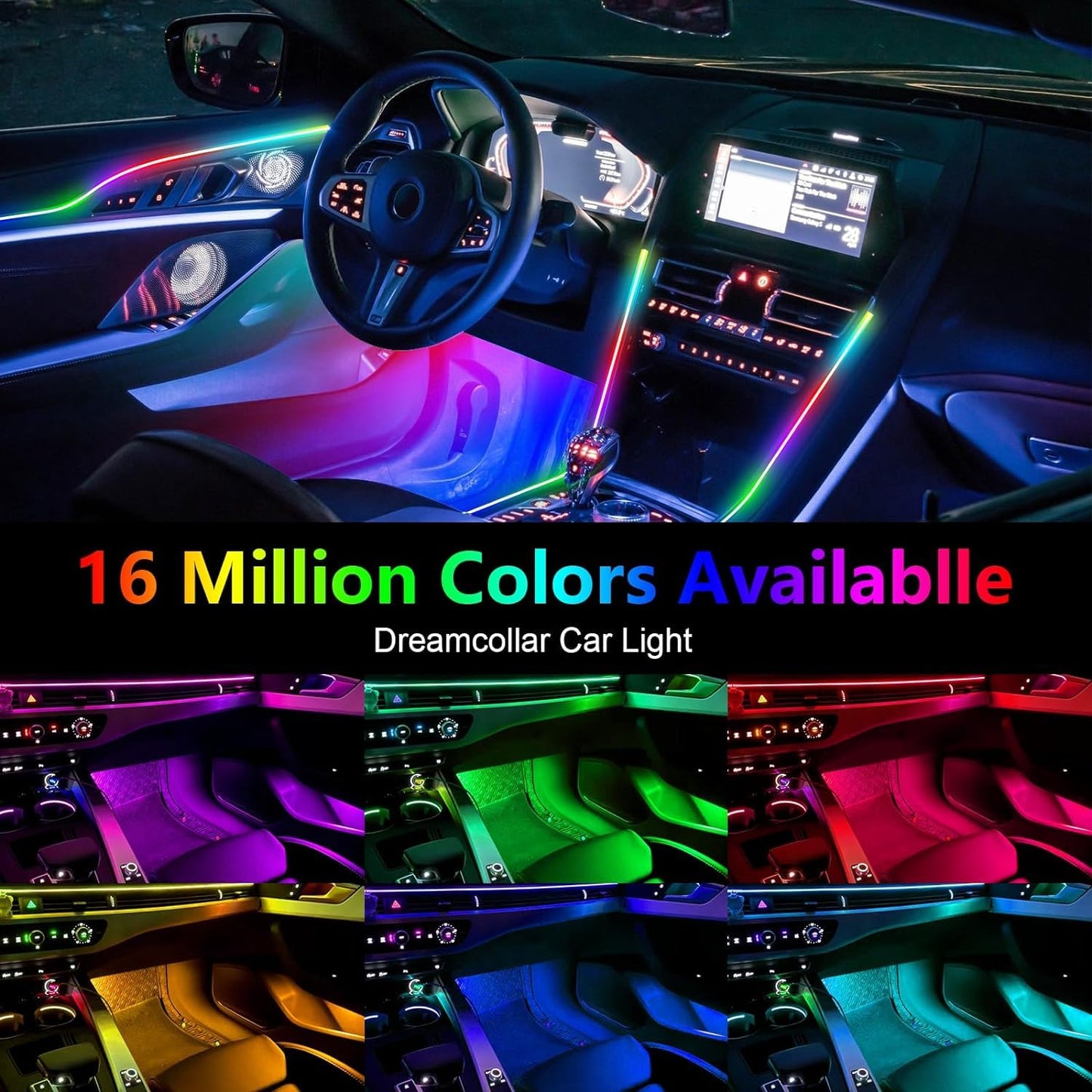 LED interior car lighting, 18 in 1 car interior lighting, LED car fiber optic strips, LED car ambient lighting, APP neon lighting for cars, RGB interior car lighting with music sync rhythm.