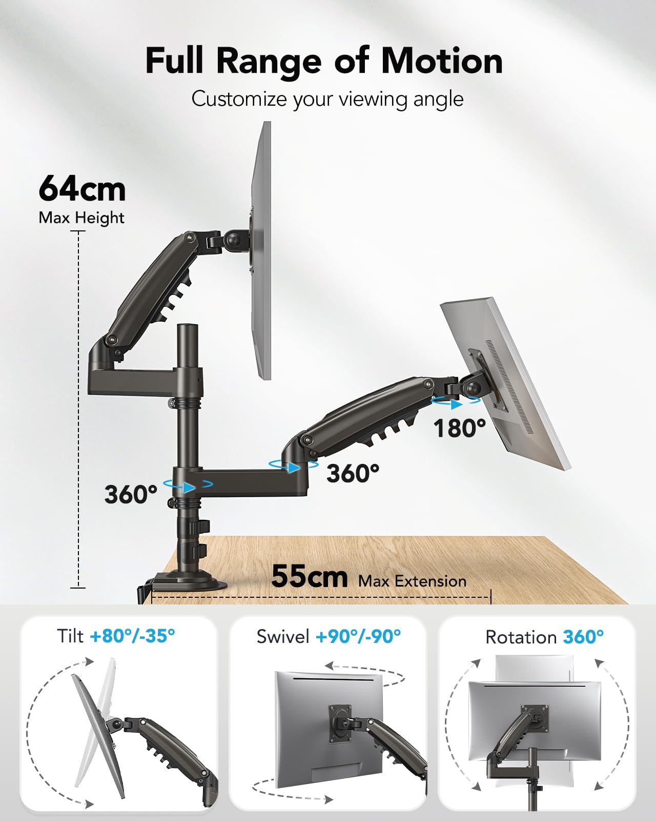 HUANUO Dual Monitor Mount Stand for 13-32 Inch Screens, Dual Monitor Arm Stand with 9KG Capacity Per Arm, Adjustable Height, Tilt and Swivel, VESA 75/100mm Compatible.