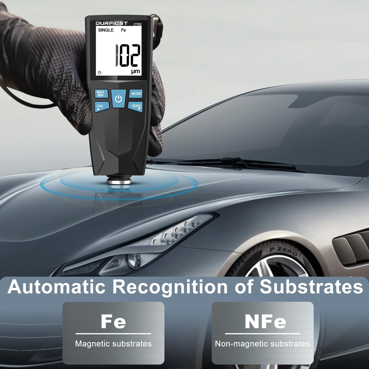 Automotive paint gauge, DURFICST paint thickness gauge for cars, with automatic digital calibration and data storage, paint thickness gauge for car, Fe/NFe automatic detection.