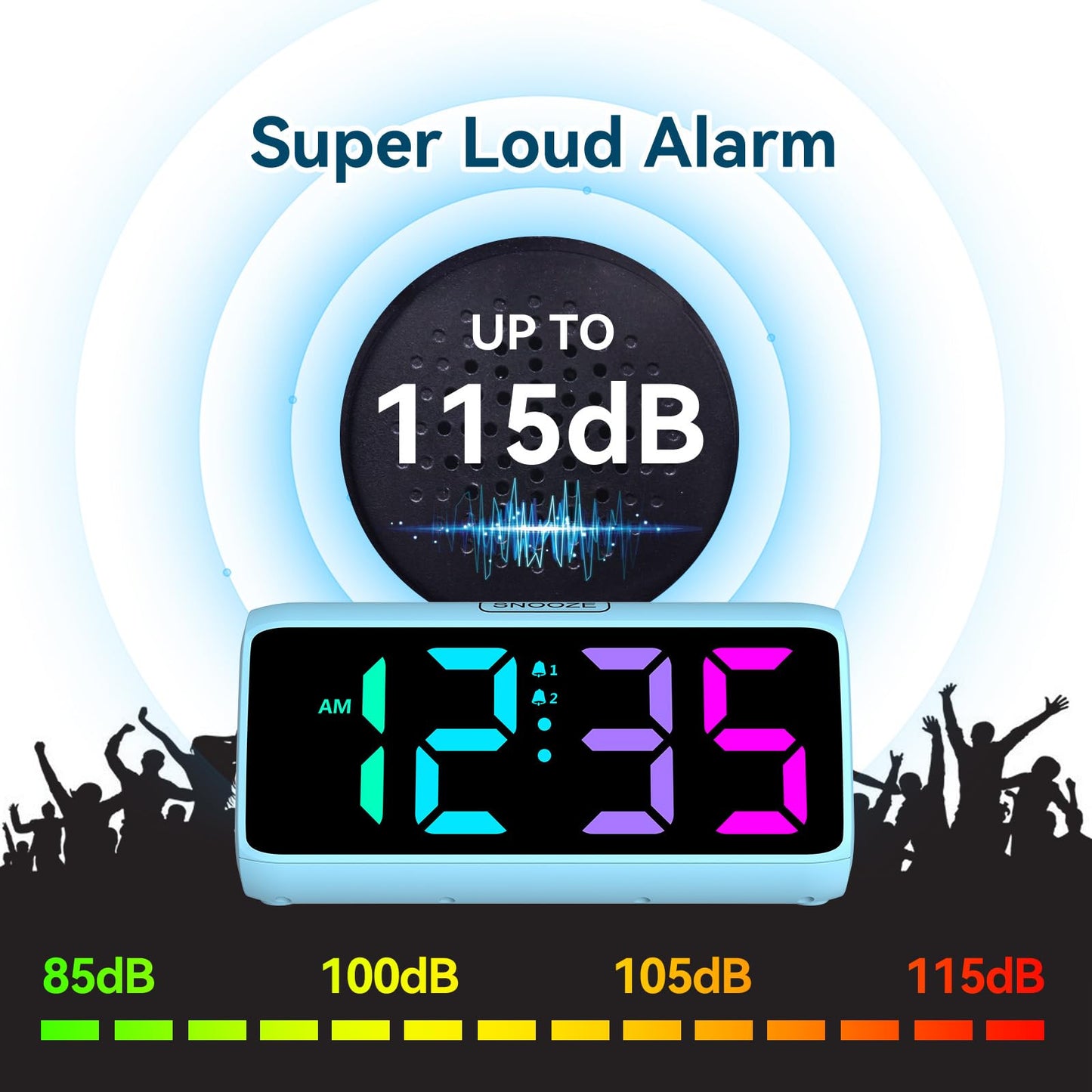Loud alarm clock for heavy sleepers, Digital Alarm Clock with Colorful Display, Dual alarms, 5 brightness levels, 4 volume levels, Snooze function, Bedside Alarm Clock for kids, teens, seniors, and heavy sleepers.