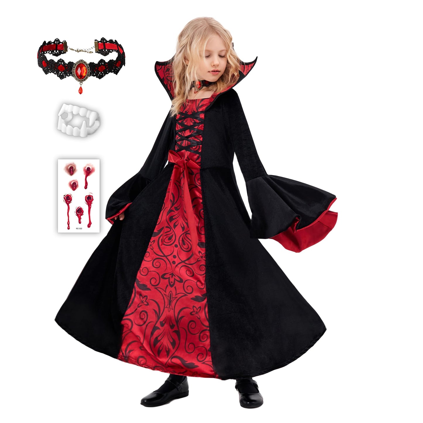 Funnlot Vampire Costume Girls Gothic Halloween Costume Dress with Vampire Teeth Kids Carnival Costume Cosplay M(7-9 Years)