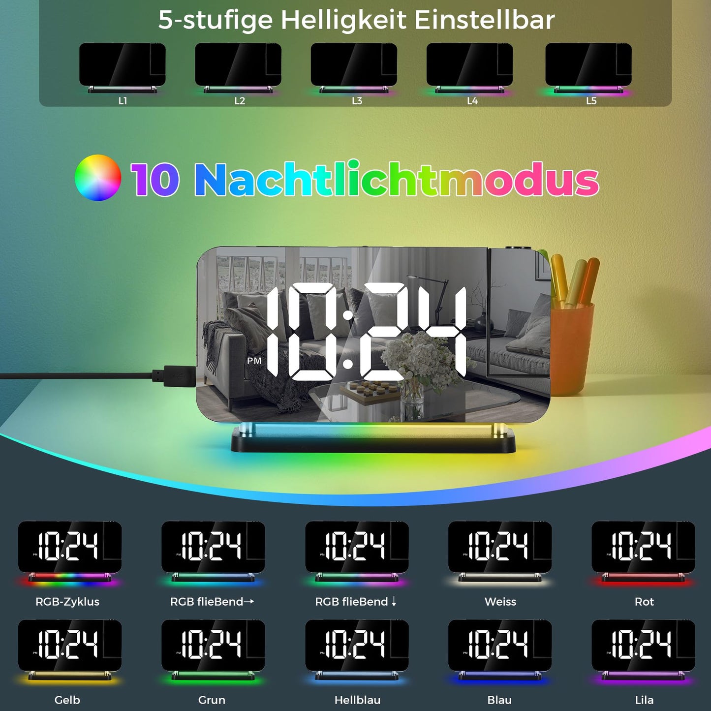 SZELAM Digital Alarm Clock, Radio Alarm Clock with Projection, 7.4" LED Radio Alarm Clock with Sleep Timer, 180° Rotatable Projector, 10-Color Nightlight, 11 RGB Color Digital Display, Digital Table Clock for Kids, Girls