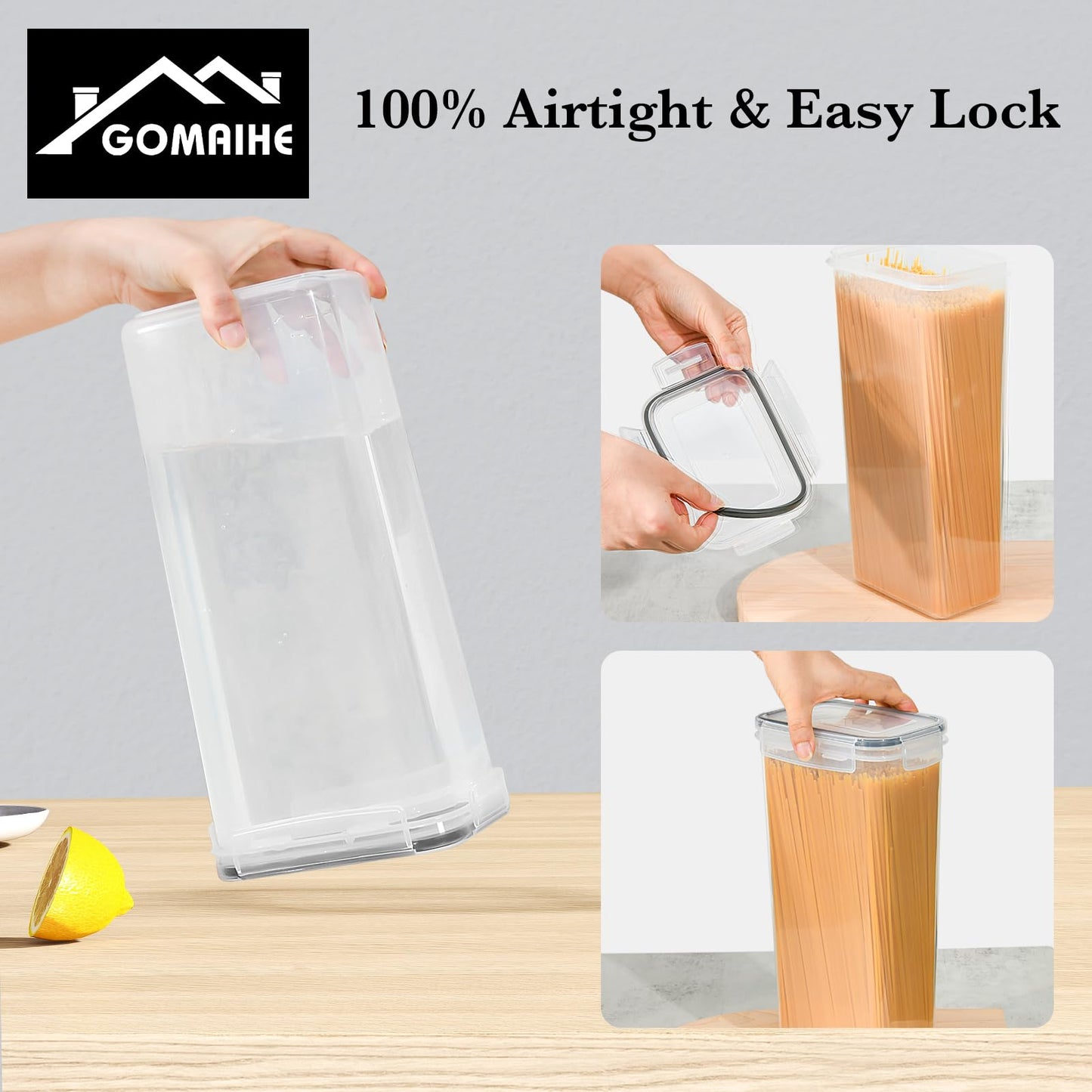 GoMaihe 6-piece set 2.8L storage containers: Containers with lids for spaghetti storage | Airtight kitchen storage box for cereal, flour, pasta, and sugar | BPA-free | Dishwasher safe