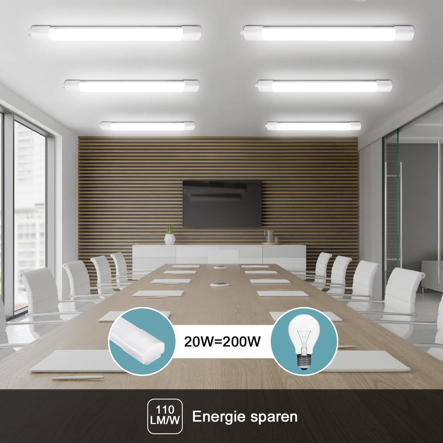 LED moisture-proof luminaire 60CM, ceiling light LED tube 20W 2200LM, IP65 basement light, waterproof moisture-proof lamp tub light for basement workshop garage kitchen bathroom office, neutral white, 4000K