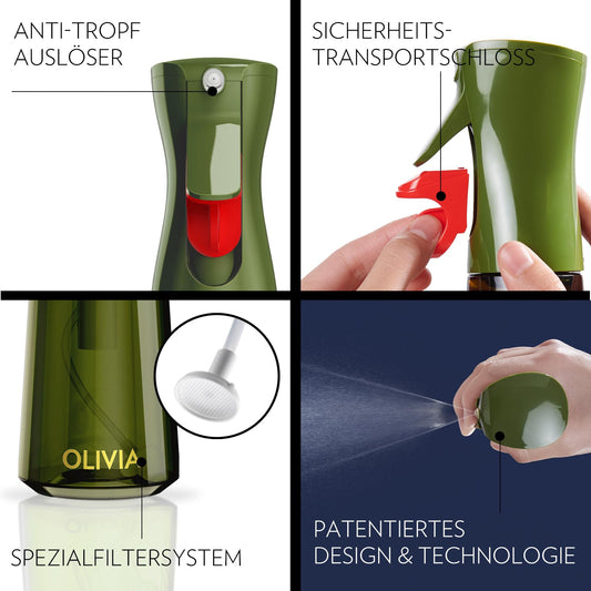 FLAIROSOL OLIVIA 200ml glass oil sprayer - Continuous oil spraying technology with portion control - Versatile oil mister for cooking, salads, grilling, baking, and more scenarios (Green)