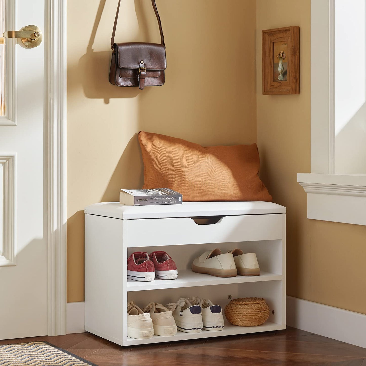 SoBuy Shoe Bench Shoe Rack with Seat and Storage Space, sturdy shoe box for hallway living room, space-saving, up to 120 kg load capacity, white 60x30x44 cm FSR25-W