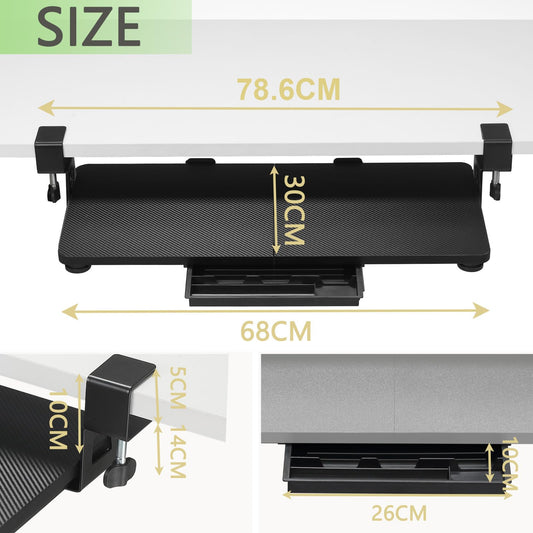 ETHU Office Keyboard Drawers Keyboard Tray Keyboard Shelf 68 x 30 cm with C-Clamp Mount, Under Desk Mount Keyboard Drawer Ergonomic Computer Keyboard Shelf for Home and Office