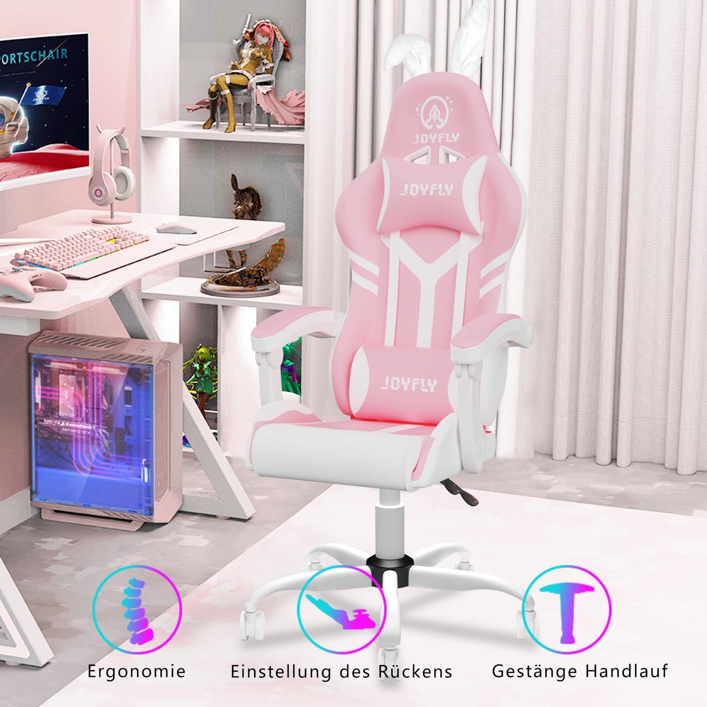 JOYFLY Pink Gaming Chair with High Back Office Chair PU Leather Gaming Seat with Lumbar Support for Girls PC Chair Ergonomic Gaming Chair, Headrest Lumbar Support (Pink)