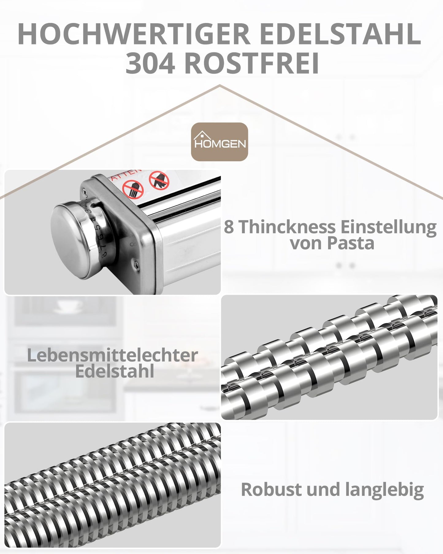 HOMGEN Pasta Attachment Set for KitchenAid stand mixers, including pasta sheet roller, spaghetti cutter & fettuccine cutter. Stainless steel pasta roller accessory with 8 adjustable speeds, 3 parts.