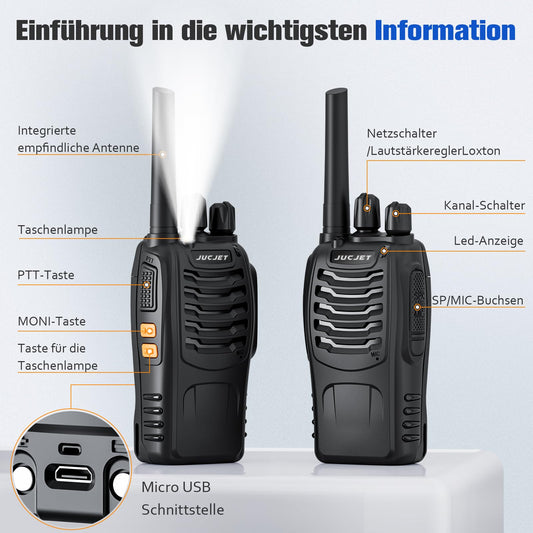 JUCJET 88E Walkie Talkie, License-free PMR446 16 channel radios, handheld radio with built-in LED flashlight. Comes with 2-in-1 Type-C charging cable, USB charging station, and headset (Black, 2 pieces)