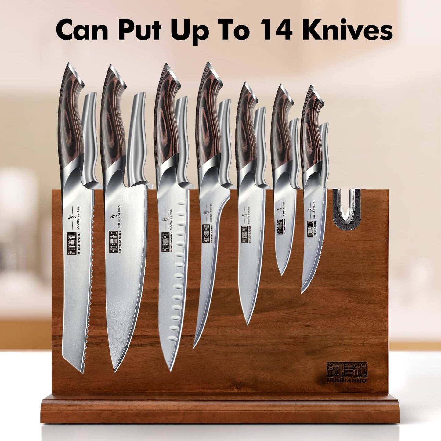 HOSHANHO Magnetic Knife Block with Sharpener, Double-Sided Strong Magnetic Knife Holder, Natural Acacia Wood Magnetic Knife Holder for Kitchen