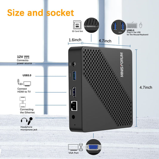 Mini-PC Intel Celeron N4020 (2.8 GHz), 4 GB DDR4/64 GB eMMC, Intel UHD Graphics 600, Fanless Mini Computer 4k@60Hz HDMI&VGA, USB3.0, Wi-Fi 2.4/5.8G, BT4.2