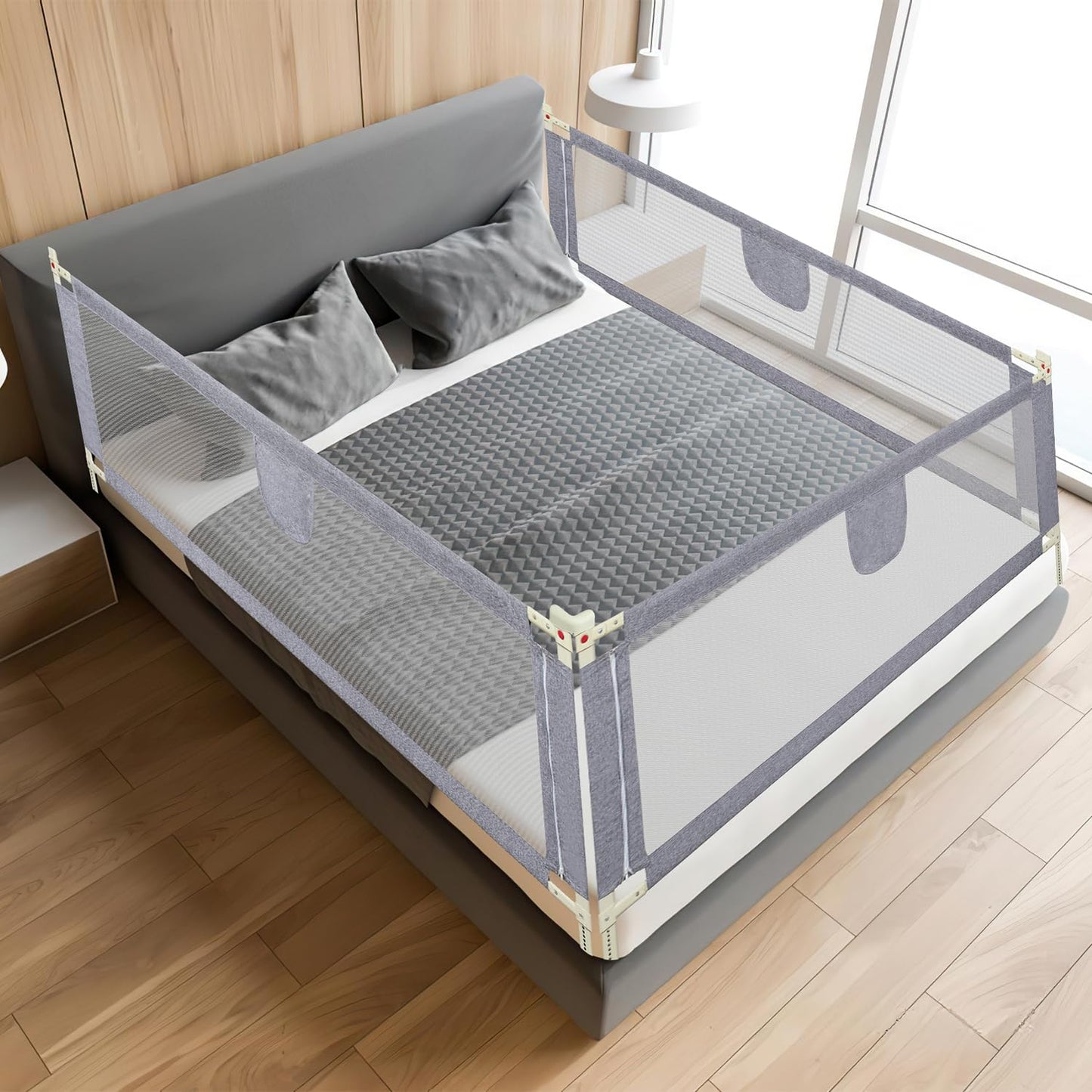 Ikodom bed guard for kids 2x 200cm and 1x 180cm, bed rail adjustable in height from 64-96cm, bed fall protection, children's bed rail, baby bed rail safe, gray