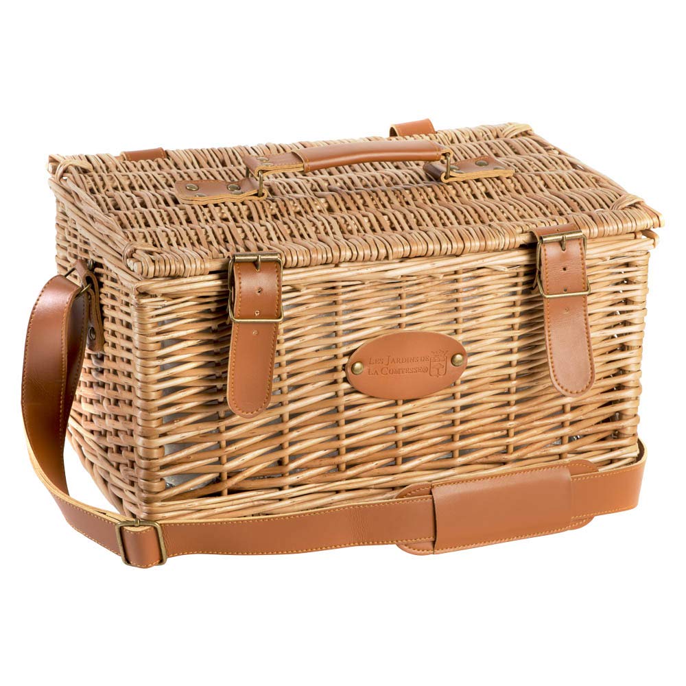 Les Jardins de la Comtesse - Picnic Basket Trianon Green - Leather Straps - Complete for 2 People - Cooler Compartment - Ceramic Plates and Wine Glasses - 40 x 30 x 23 cm