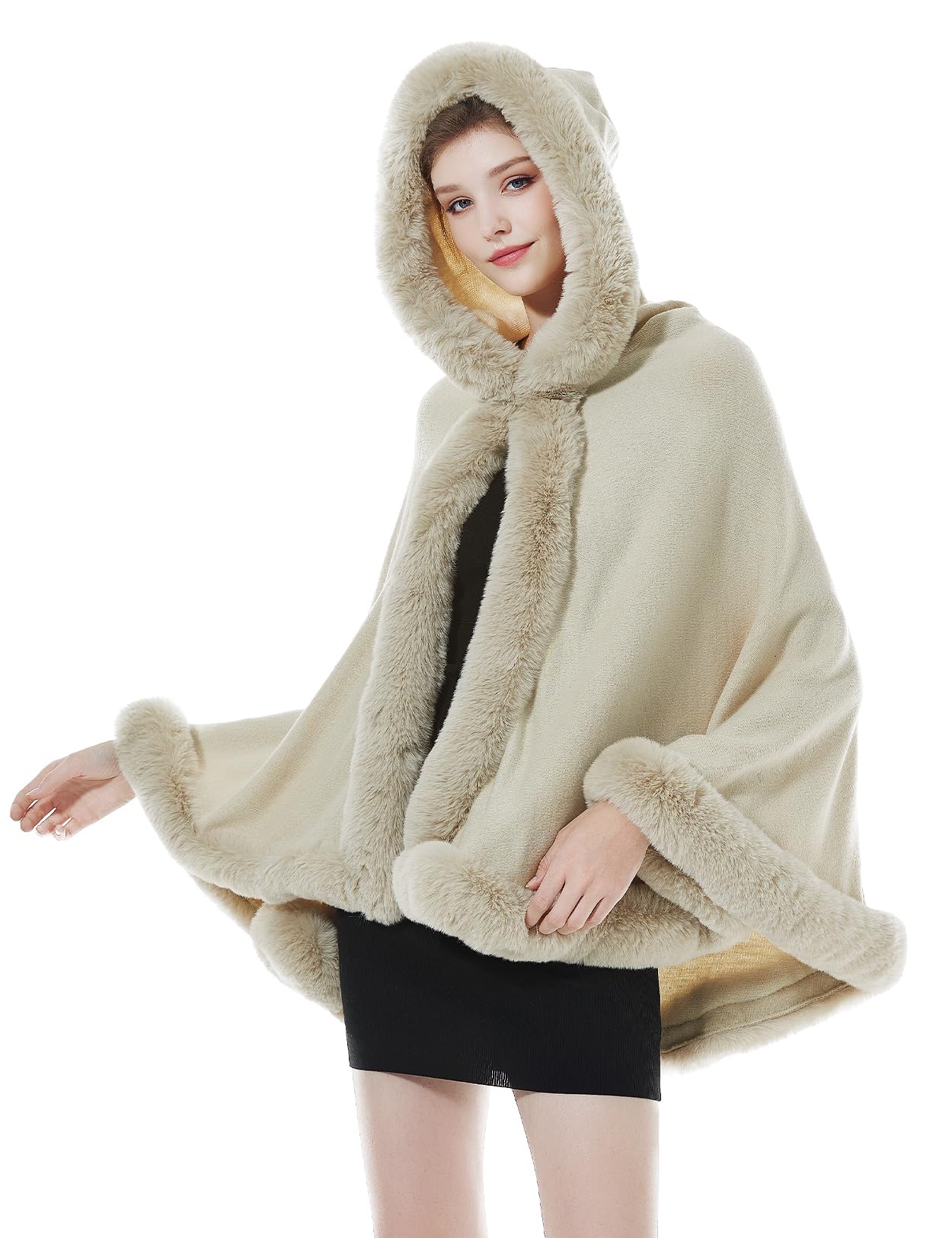 BEAUTELICATE Faux Fur Wrap Shawl Women's Poncho Cape With Hood For Winter Wedding Evening Bride (Beige,One Size)