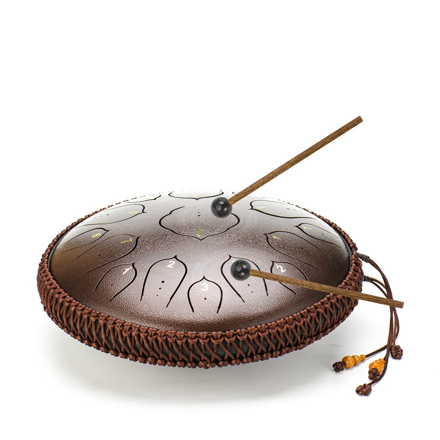 Amkoskr Steel Tongue Drum, 14-inch 35 cm Steel Tongue Drum, D major 15 notes, hand drum HandPan Drum with drumsticks/carrying bag (bronze)