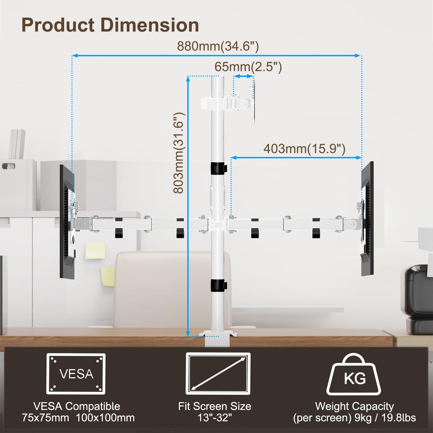 PUTORSEN Triple Monitor Stand for 13-32 inch Flat & Curved Screens, 80cm Pole Desk Mount with Swivel, Tilt, Height Adjustment, 9kg per Arm, VESA 75x75/100x100, White