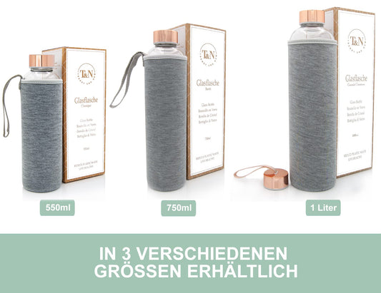 T&N glass bottle 1 liter / 750ml / 500ml - Glass drinking bottle 1l with neoprene sleeve - Leak-proof glass water bottle - Thicker borosilicate glass suitable for carbonation.