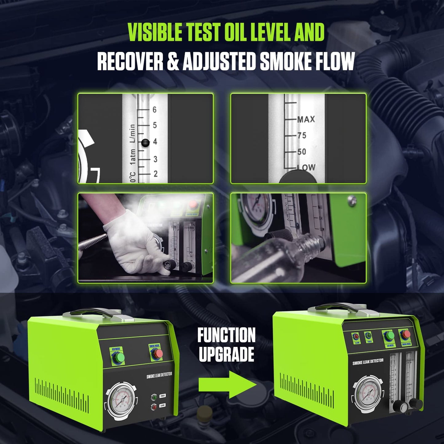 MOTOCOCHE Fog machine car EVAP smoke machine Automobile with oil level display & air flow meter, 12V car smoke leak detector for vehicle-motorcycles-boat (test oil: baby oil)