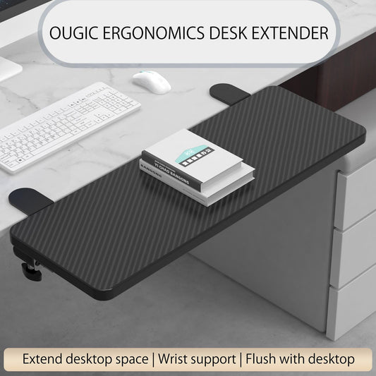 OUGIC Ergonomic Desk Extension, 75 x 24 cm, punch-free clamp, foldable keyboard drawer shelf, table mount, armrest, computer elbow arm support.