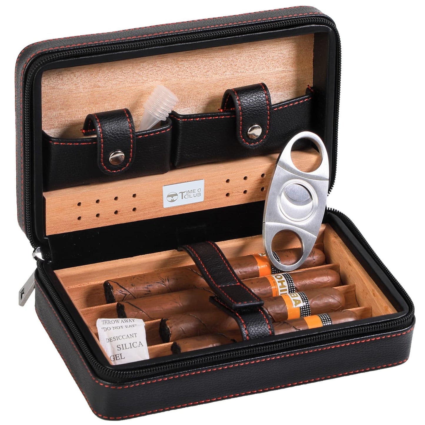 Time C club 4 Finger Portable Travel Cigar Case made of leather, Cigar Humidor with cigar cutter and humidifier, Best Man gift, Birthday gift, Father's Day gift
