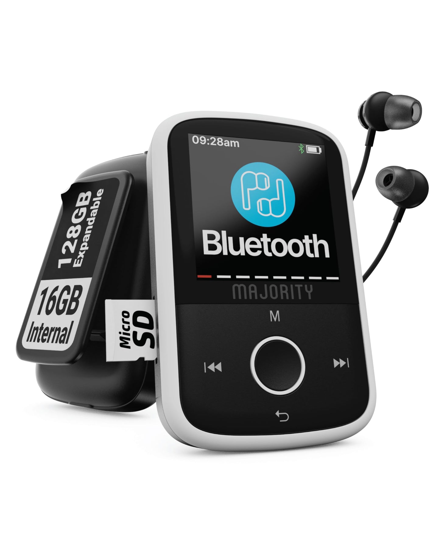 MP3 Player Bluetooth | 16GB internal storage, expandable up to 128GB | MP3 player with clip | USB-C | 34 hours battery life | Music player | MAJORITY MP3-GO