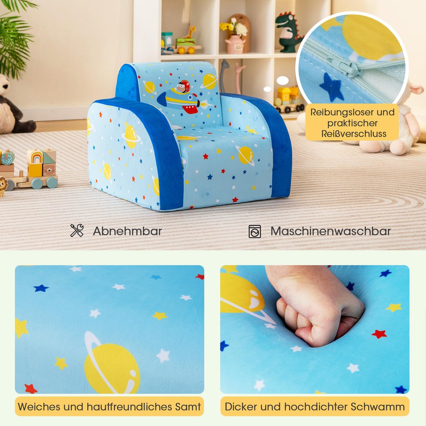 COSTWAY 3 in 1 Kids Sofa Foldable, Upholstered Velvet Children's Armchair, Kids Sleeper Sofa with Removable Protective Cover, Kids Couch for Children up to 5 Years (Spaceship)
