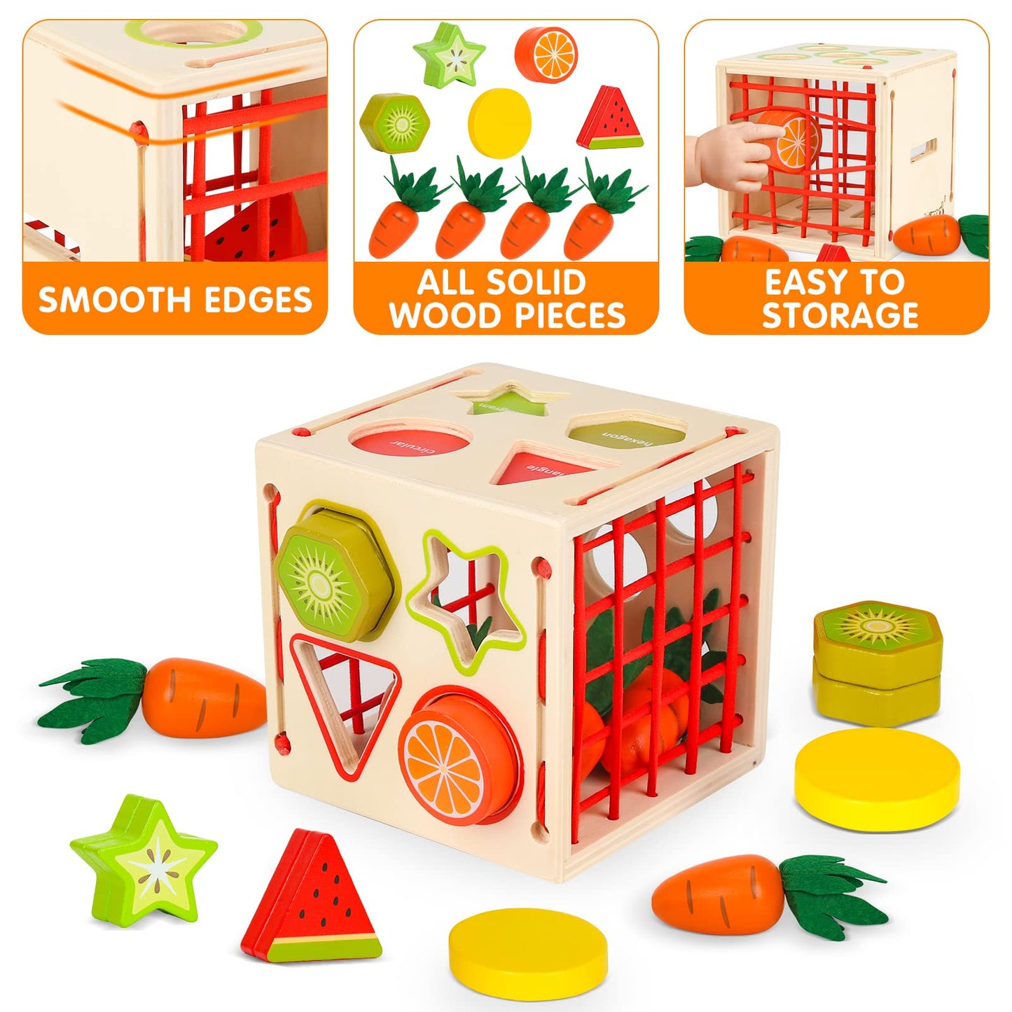Joyreal 5 In 1 Montessori Toy for 1 2 3 Year Old - Wooden Toy for 1 2 Year Old, Baby Toy, Children's Toy for Girls Boys Sorting Game Carrot Harvest Gifts for Kids