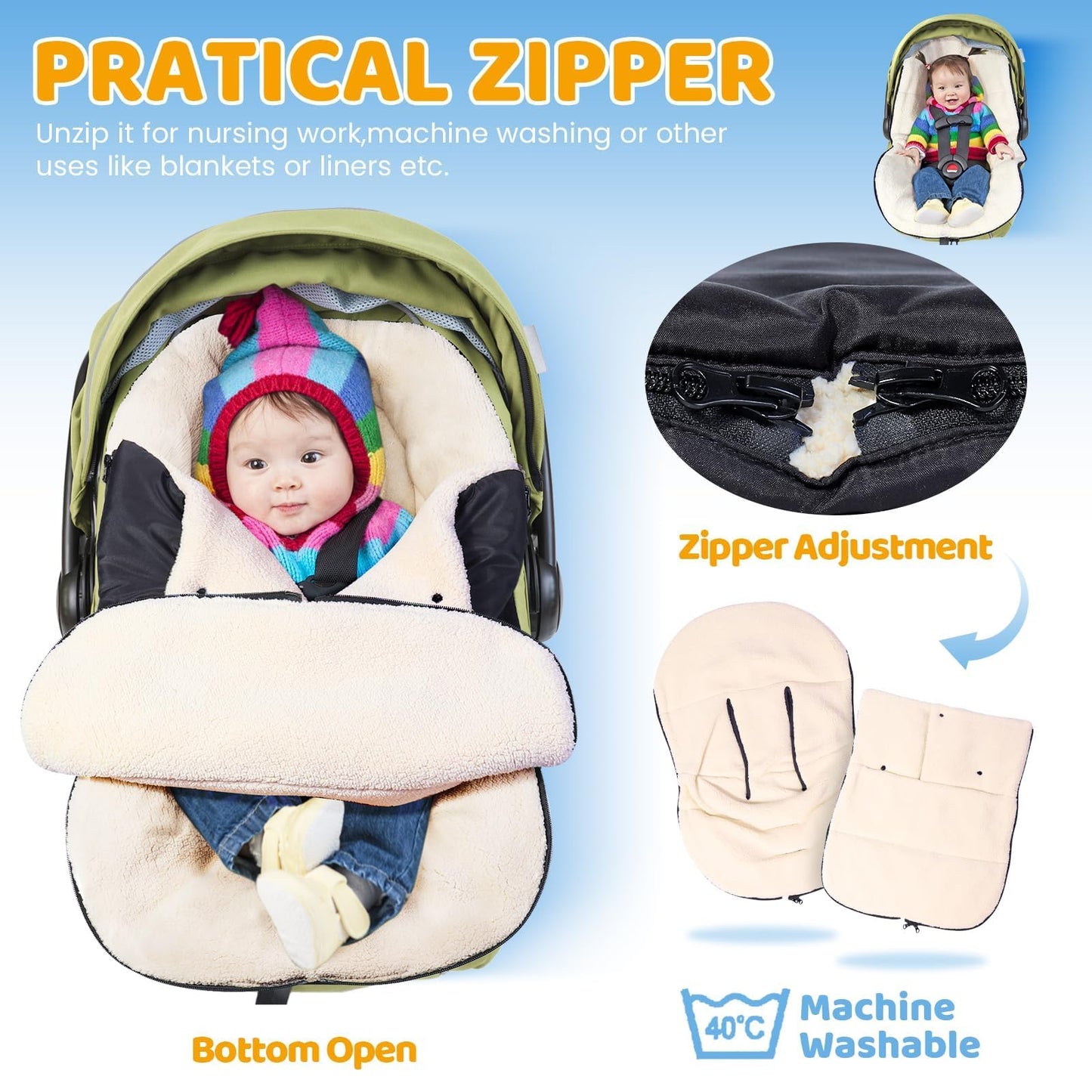 Orzbow Footmuff Infant Car Seat Winter,Universal Wraparound Infant Car Seat Winter Blanket with Adjustable Collar,Warm Berber Fleece Lining,Zipper,Fits Maxi-Cosi,Cybex,Romer, etc. (Black)