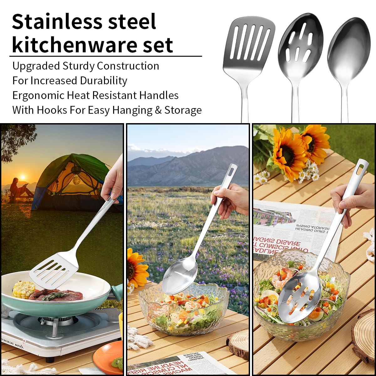 Mountain Country Camping Essentials, camping cookware set, camping gear equipment must-haves, come with camping cutlery sets, plates, and cups, perfect for outdoor cooking, picnic, grilling.