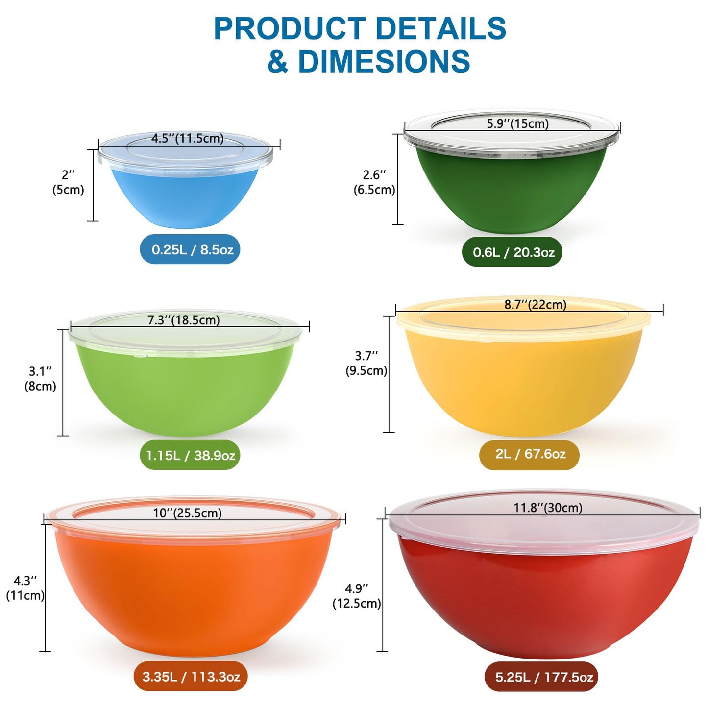 Greentainer salad bowl set with lid, 12-piece plastic mixing bowl set, Stackable mixing bowls with lids for kitchen, Large bowl for baking, Mixing bowls ideal for mixing and serving.