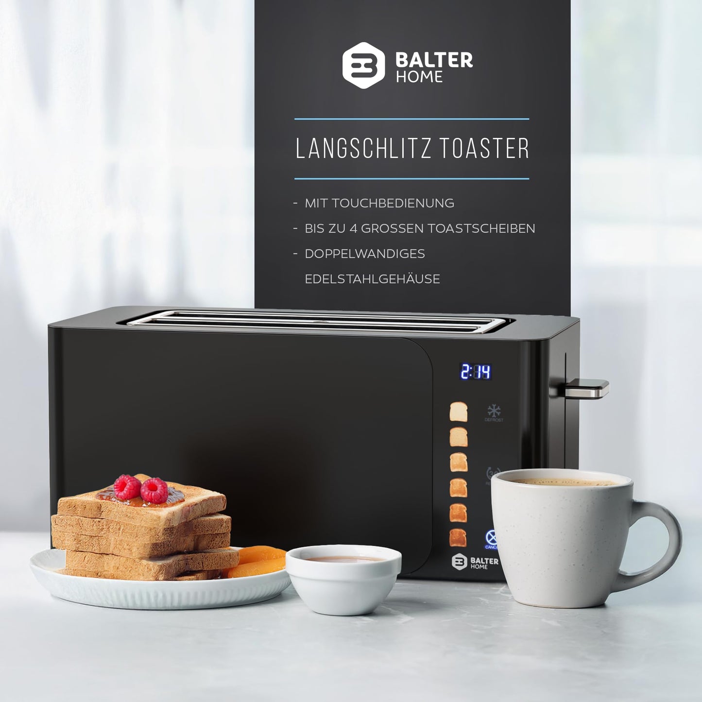 Balter 4-Slice Toaster, Touch Control, Long Slot, Stainless Steel, Bun Warmer, LCD Display, Defrost Function, Bread Centering, TS-44 Matte Black