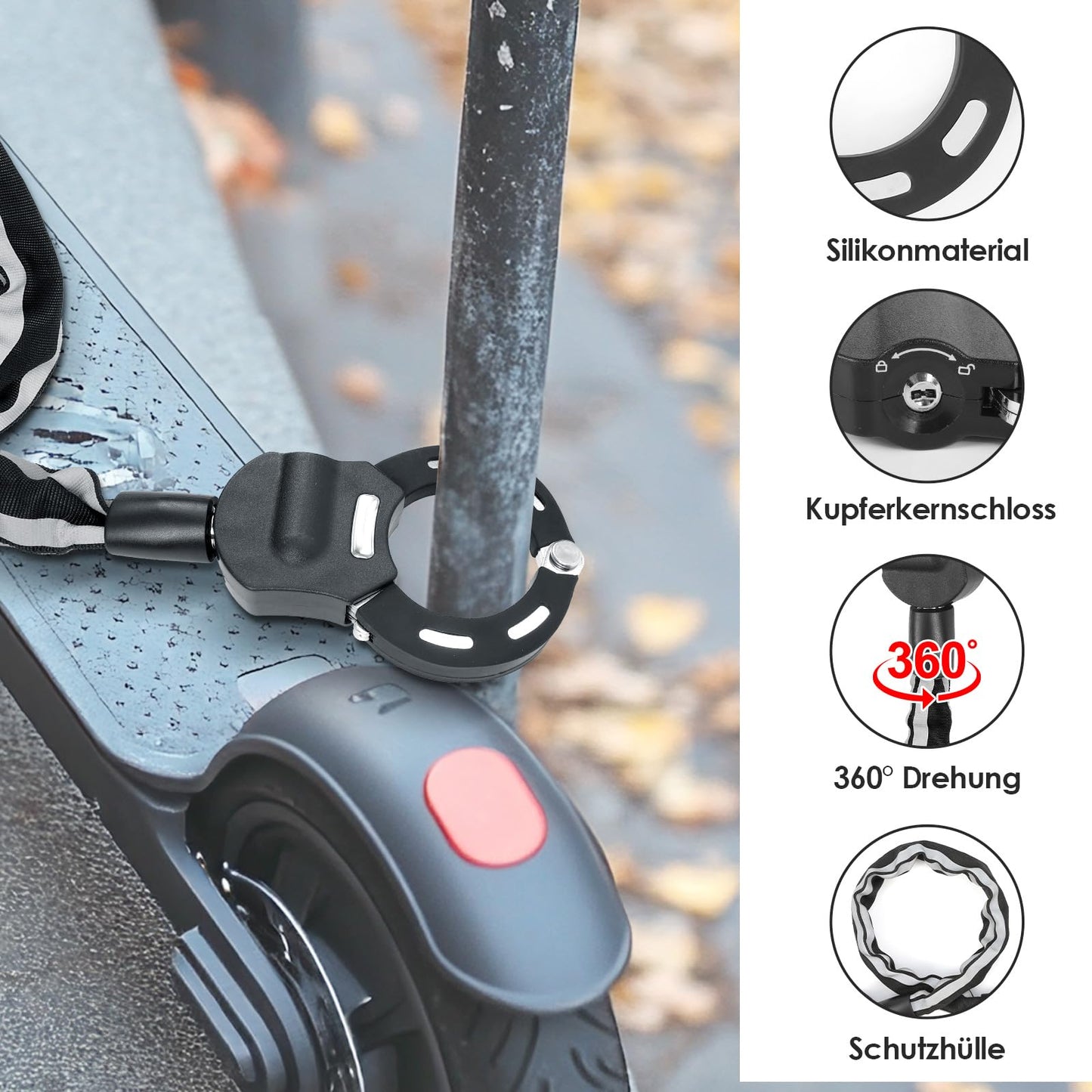 The Shine E-Scooter lock is a bicycle lock, handcuff lock with silicone protection against scratches. Electric scooter lock with storage bag for scooters, strollers.