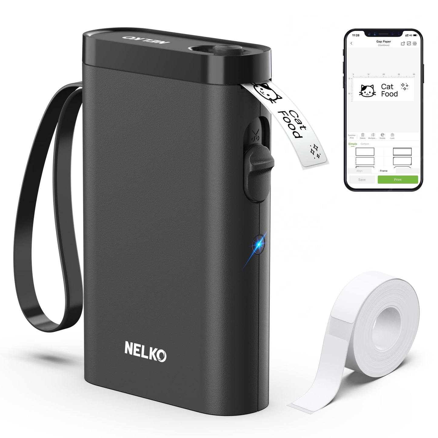 Nelko label printer, Bluetooth P21 self-adhesive labeling machine. Portable label printer, wireless, mini label printer with iOS and Android. For home use, black.