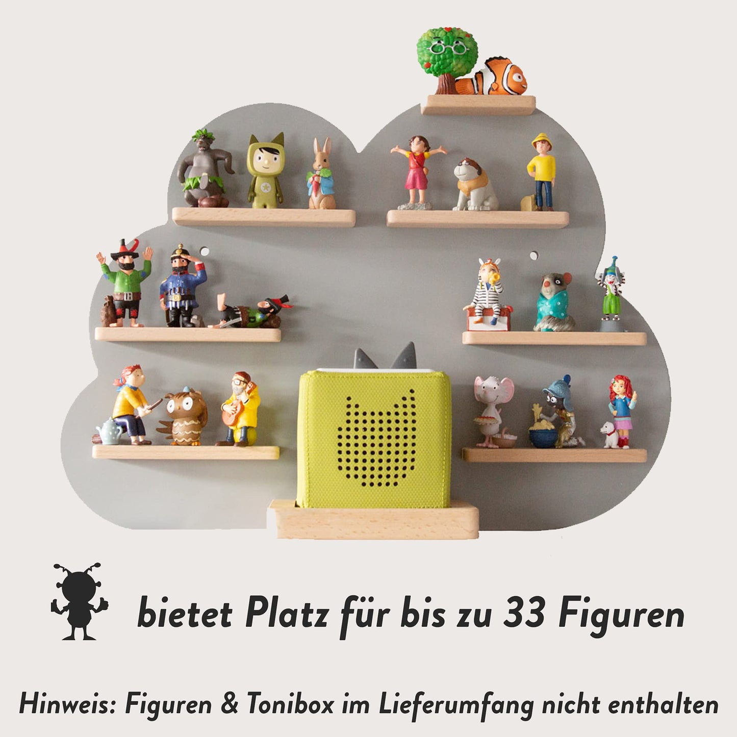 NOR28 shelf compatible for up to 33 Toniebox figures - cloud design 40x55x19cm for boys and girls| Kids room, magnetic, easily attachable.