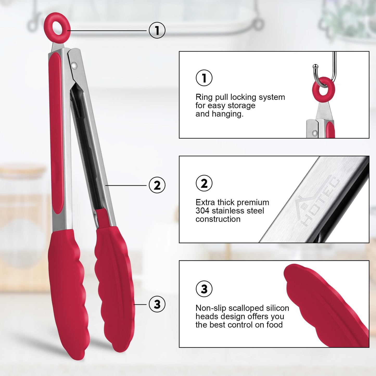 HOTEC High-quality stainless steel kitchen tongs with silicone tips, set of 2 - 9" and 12" (red)