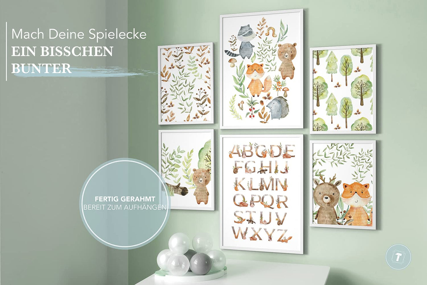 Papierschmiede® Kids Room Pictures Kids Mood Poster Set, Scout Animals, Framed pictures for children's room in white wooden frames, 2x DIN A3 and 4x DIN A4, Forest Alphabet Fox
