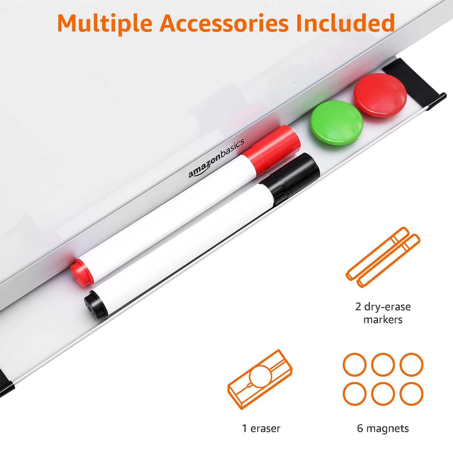 Amazon Basics Magnetic Whiteboard with Pen Tray and Aluminum Trim, Dry Erase, 150 cm x 100 cm (W x H), White.
