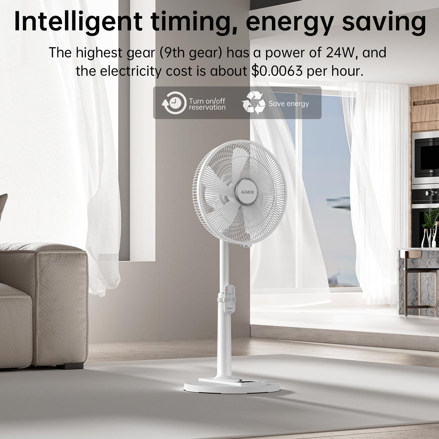 4UMOR Stand Fan quiet 24W 20dB DC Motor 9 Speeds 90° Oscillation adjustable Fan with remote control 9H Timer 41cm Diameter Fan quiet 80% Energy Saving
