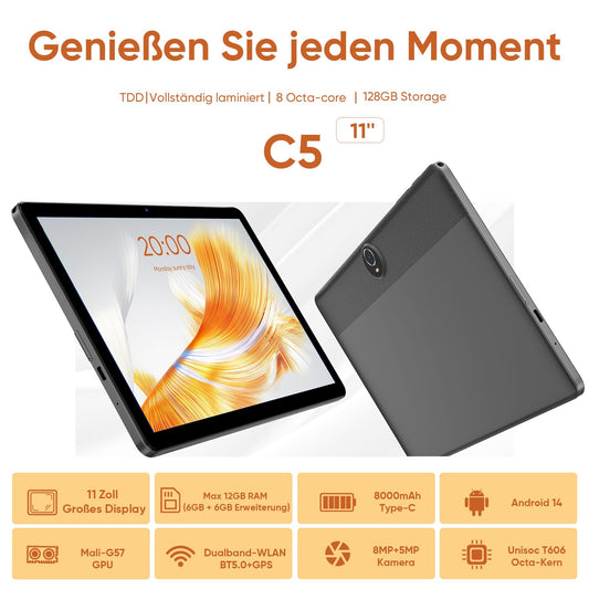 JIKOCXN 11-inch Android 14 tablet with keyboard, 12GB RAM+128GB ROM+1TB expansion, 1280x800 FHD touchscreen, 8000mAh battery, WiFi, Bluetooth 5.0, 5MP+8MP dual camera, GPS (Black)