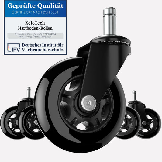 XeloTech hard floor casters for office chair, 5 pieces, 11mm x 22mm, Black Edition. Very quiet office chair casters - No need for floor mat - No scratches on the floor with these premium casters.