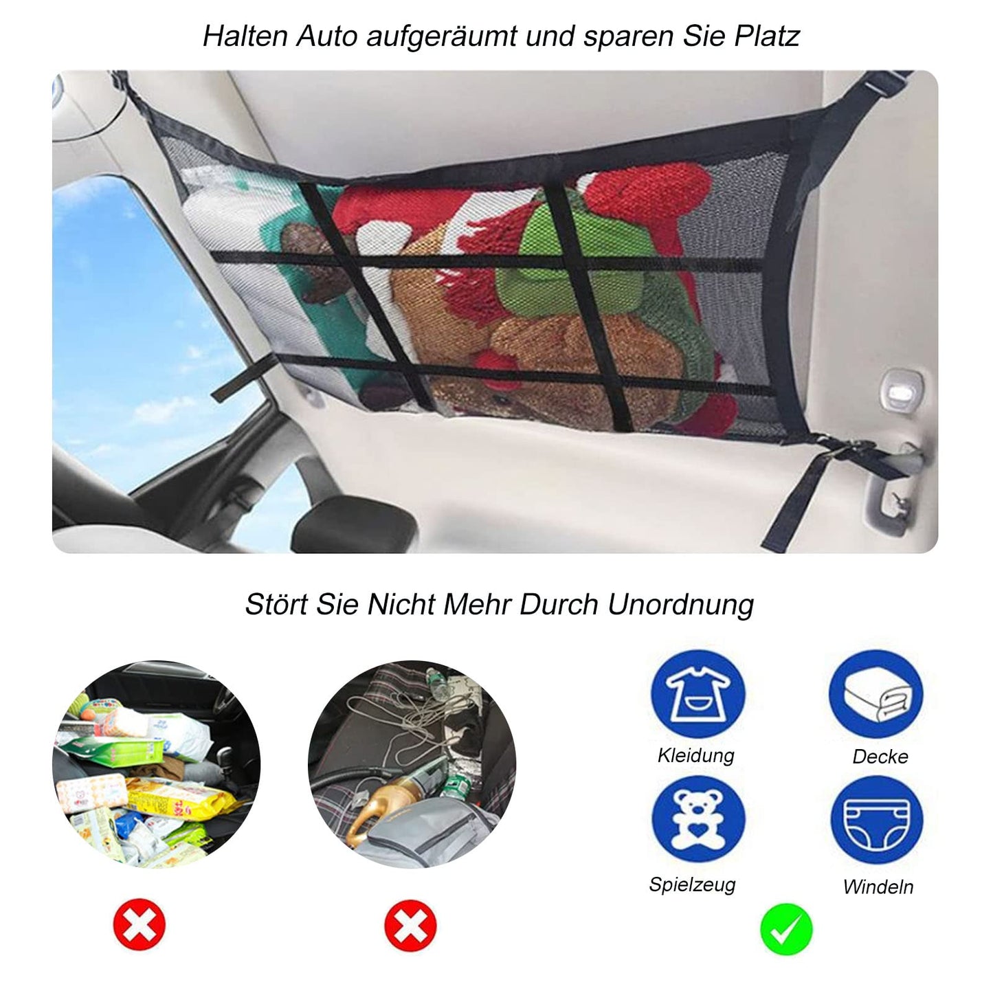 ViWaVee Car Roof Rack Net, double-layered car roof storage for blankets, car net organizer for four roof armrests, SUV, van. Great car camping accessory for long road trips. (90 x 65 cm)