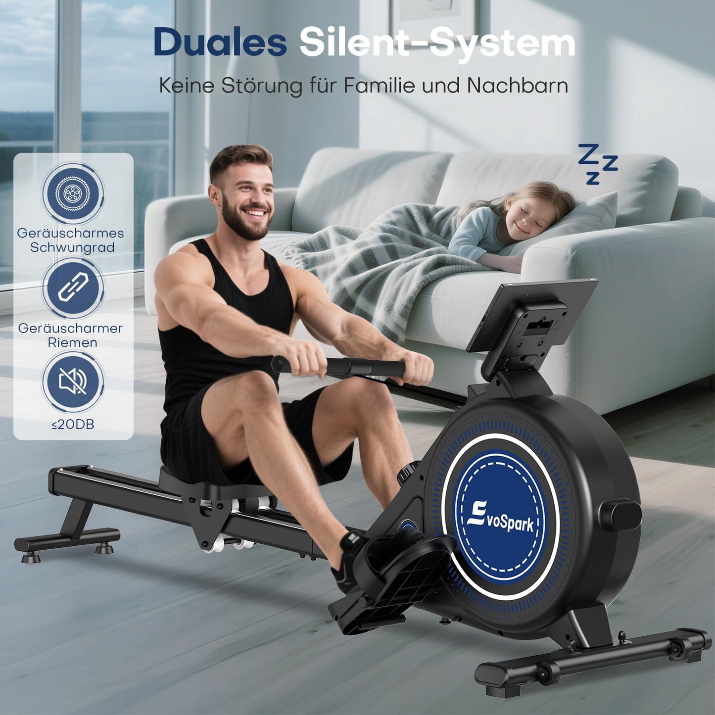 Home rowing machine, EvoSpark Magnetic Rowing Machine, with 16 resistance levels and dual-slide rail. Easy to assemble, supports up to 160kg.