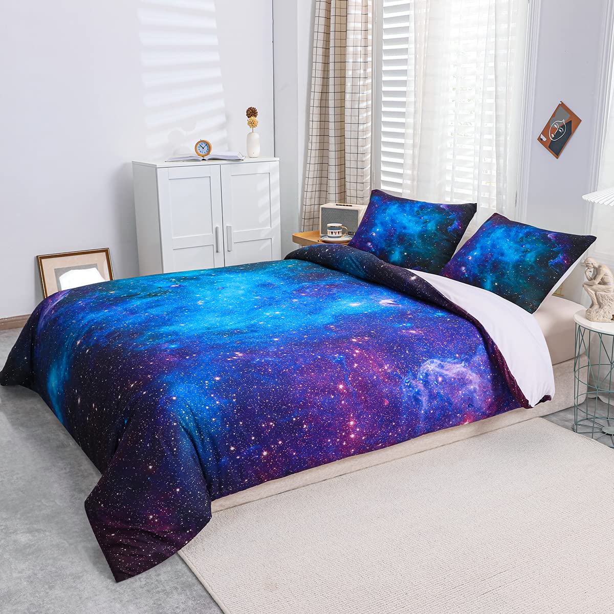 Loussiesd bedding set galaxy starry sky duvet cover set for kids boys girls soft breathable microfiber 135*200cm bed set with zipper and 1 pillowcase 80x80cm.