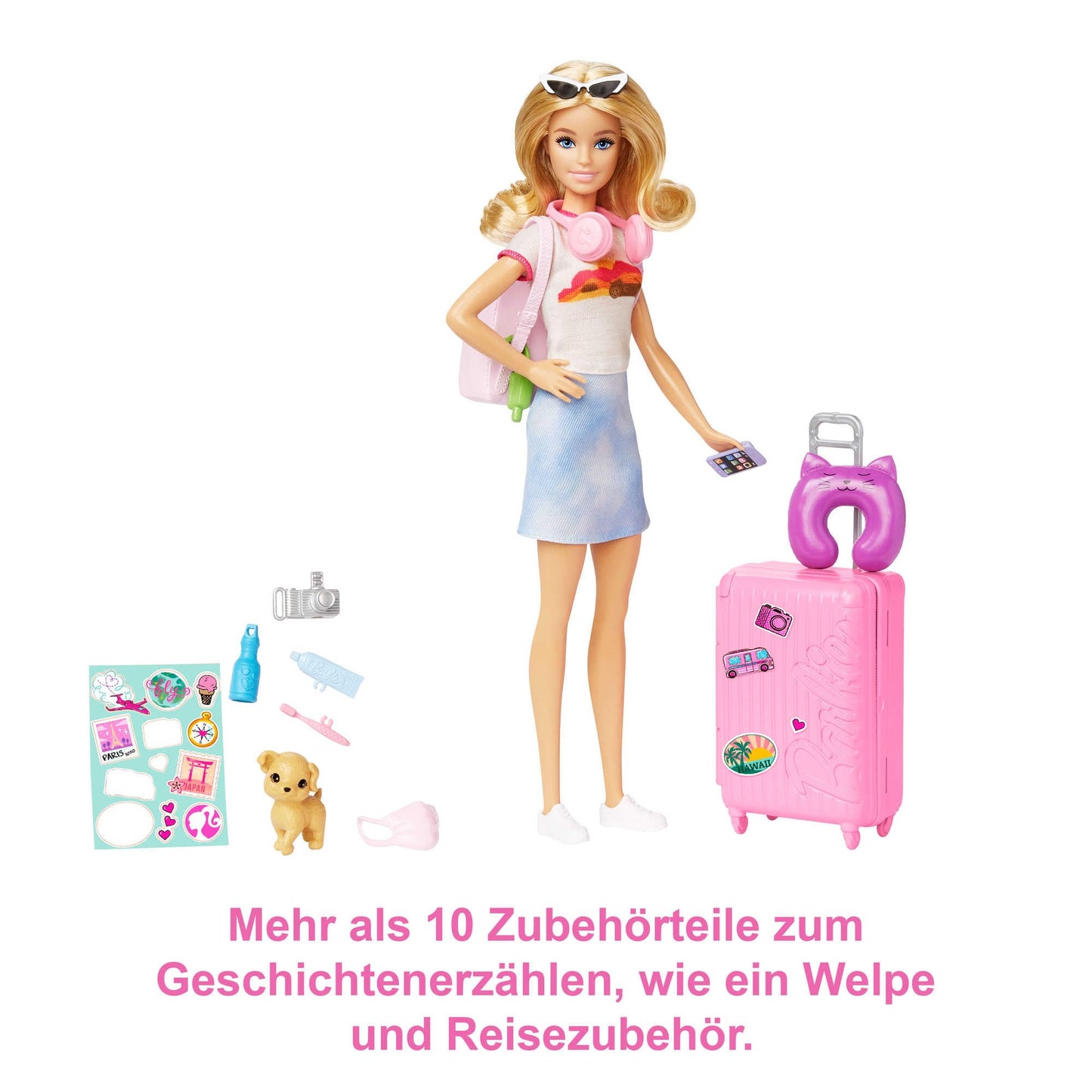 Barbie doll, Barbie Travel with blonde hair, 10+ travel accessories, stickers, suitcase, puppy, includes 1 doll, gift for kids, toy for ages 3+, HJY18