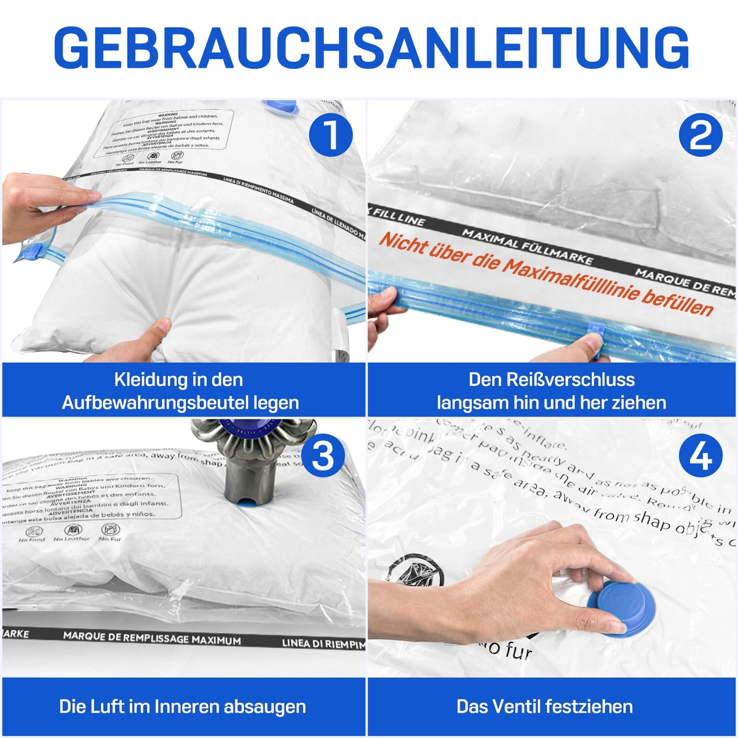 Vacuum bags for clothing comforters 12 pieces, CaptainFive Vacuum Storage Bags 3 sizes (4 * 100x80cm + 4 * 80x61cm + 4 * 60x41cm) Vacuum Compression Bags Storage Bags Travel with Vacuum Cleaner Hand Pump