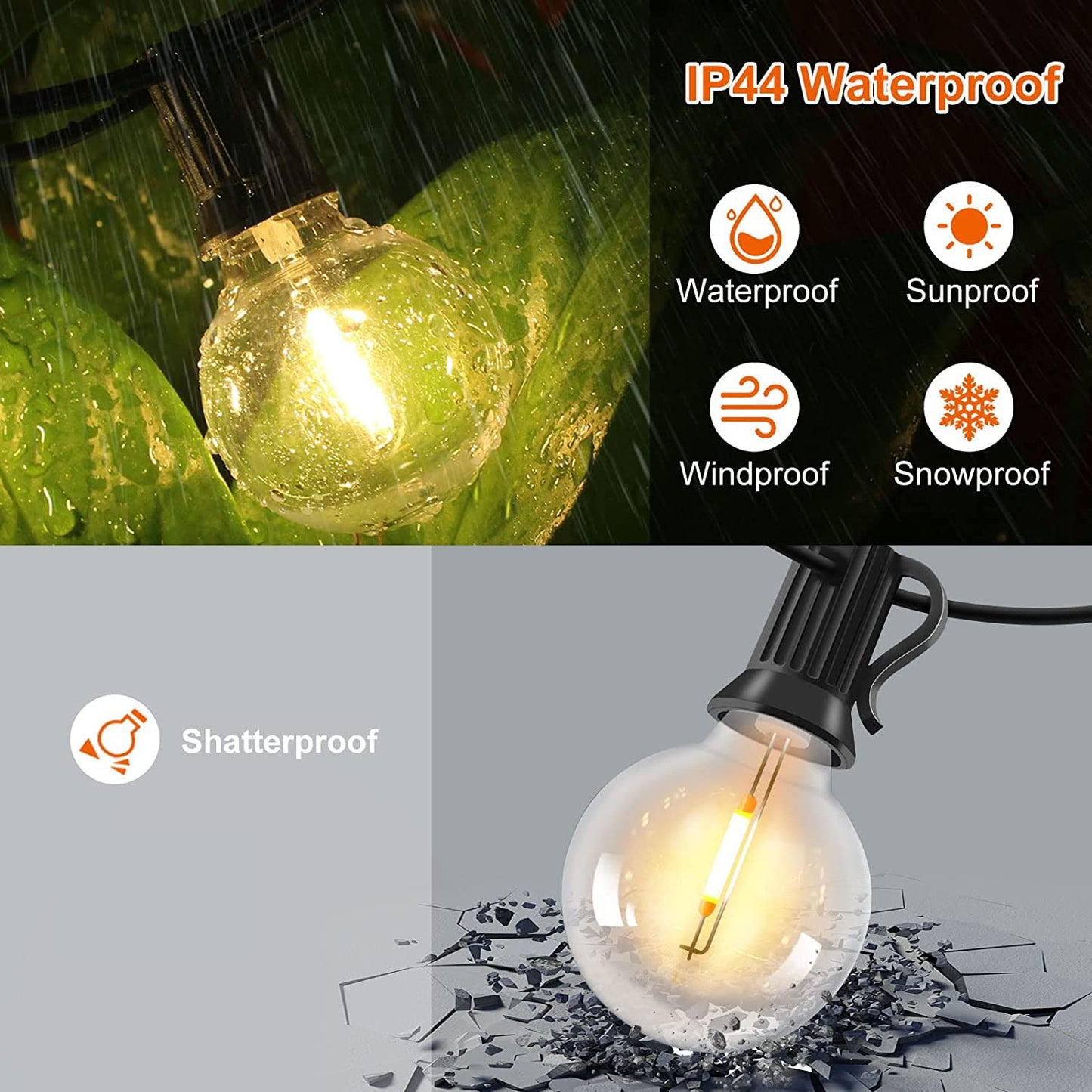 Outdoor string lights with remote control - 15M dimmable LED string lights with G40 bulbs, 4 modes and timer function, waterproof for outdoor garden balcony terrace party camping wedding.