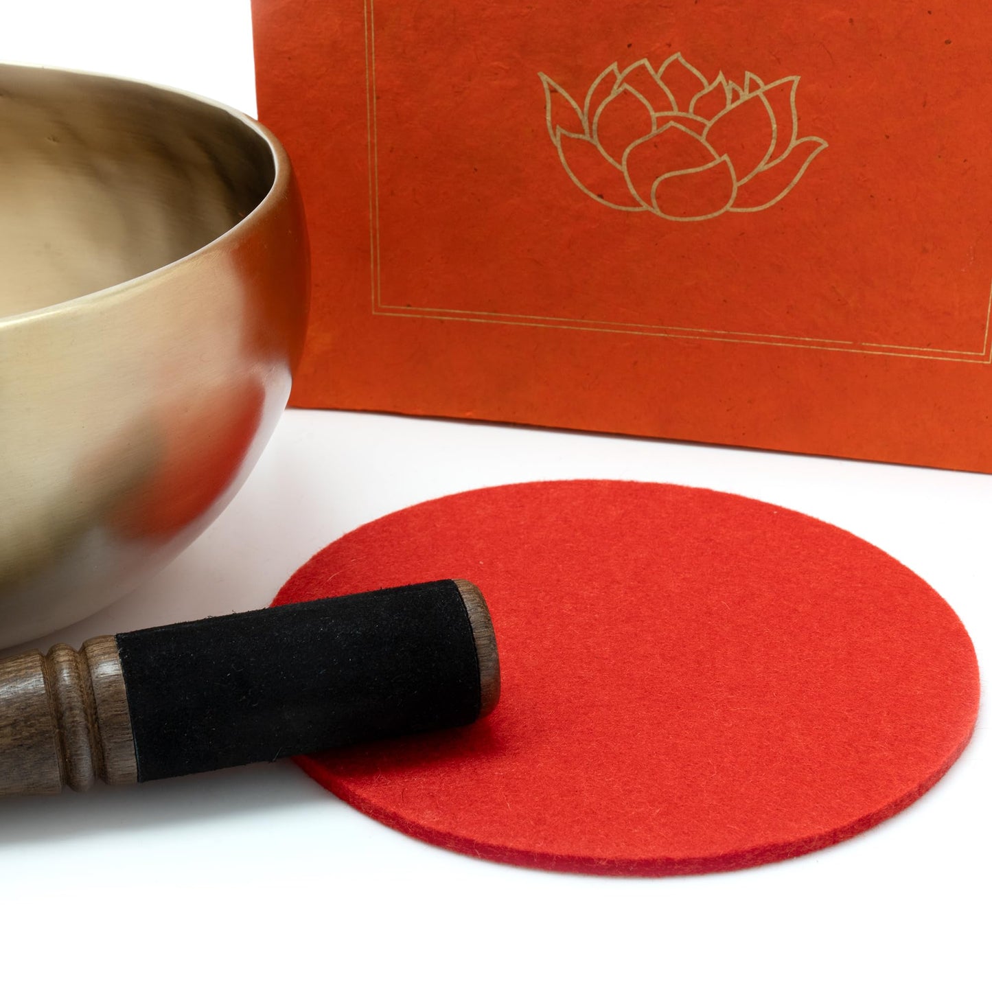 Hand-crafted singing bowl set with felt pad and wooden mallet, presented in a gift box with lotus design -5095-A-