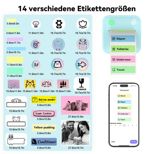 BeatCat Mini Label Printer with Tape - Bluetooth label printer for home and office organization, portable thermal sticker printer with various templates for smartphones (Blue)